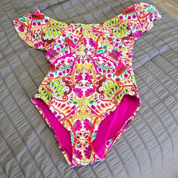 Trina Turk Colorful Off-Shoulder Swimsuit Sz 8 Nwt - Picture 2 of 6